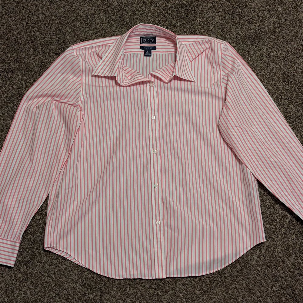 Chaps Classics Mens Long Sleeve Button Down Striped Pink And White Shirt Size L
